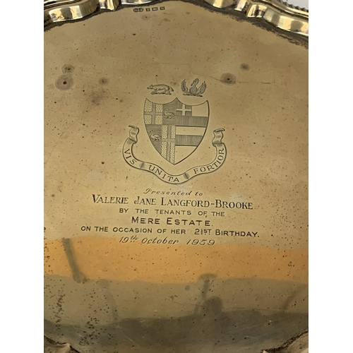 1 - AN ENGRAVED HALLMARKED BIRMINGHAM SILVER TRAY DATED 1959 PRESENTED TO VALERIE JANE LANGFORD-BROOKE B... 