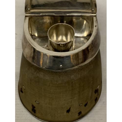 21 - A TAXIDERMY HORSE'S HOOF WITH EPNS INKWELL