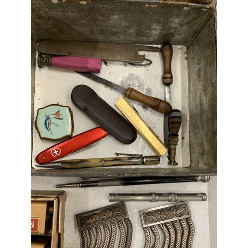 27 - A QUANTITY OF VINTAGE ITEMS TO INCLUDE TWO MASONIC WHITE METAL APRON TASSELS (KENING & SON, LONDON),... 