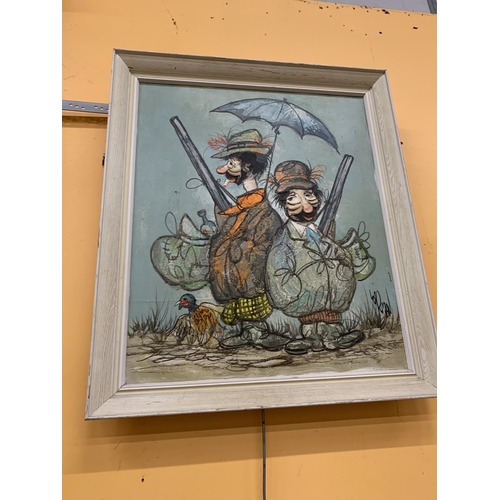 38 - AN IMPASTO OIL ON CANVAS OF TWO HUNTERS BY THE ISRAELI ARTIST RAMA LORIAN (1960'S/70'S), SIGNED, 60C... 