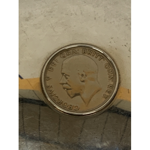 48 - A HALLMARKED LONDON SILVER DISH WITH A 1936 FLORIN SET INTO THE CENTER. GROSS WEIGHT 90.9 GRAMS