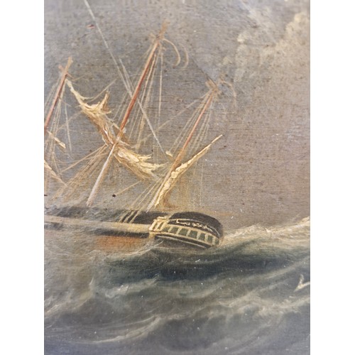 56 - A LATE 19TH/EARLY 20TH CENTURY OIL ON BOARD OF SHIPS IN A STORM, 19CM X 24CM, FRAMED