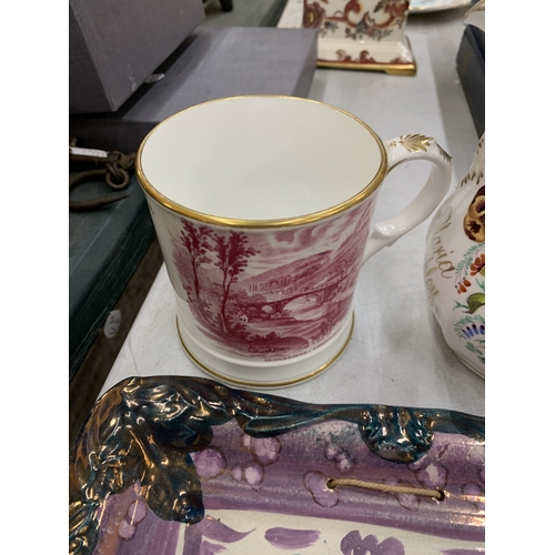 245 - A SUNDERLAND LUSTRE PLATE TOGETHER WITH A CERAMIC TANKARD AND VINTAGE JUG