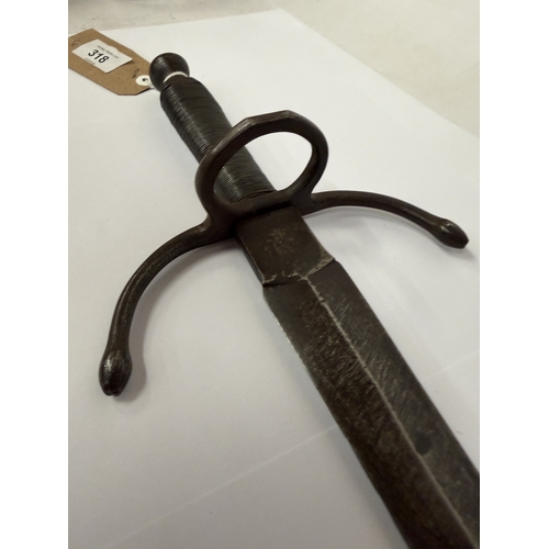 318 - AN ANTIQUE GERMAN LEFT HAND DAGGER, 27CM DOUBLE EDGED BLADE, LENGTH 40CM