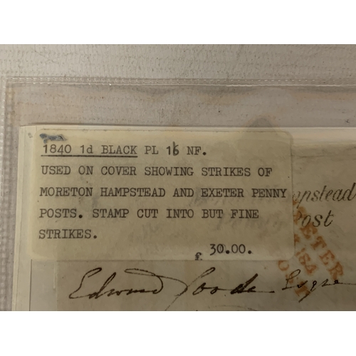 12 - AN 1840 PENNY BLACK STAMP ON AN ENVELOPE SHOWING STRIKES OF MORETON HAMPSTEAD AND EXETER