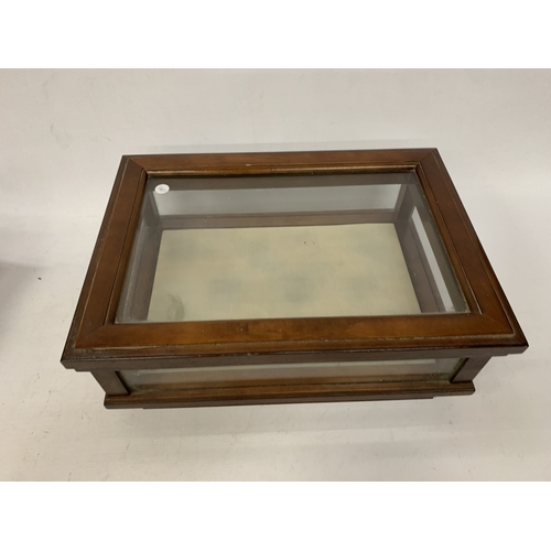 15 - A MAHOGANY FRAMED GLAZED DISPLAY CABINET, HEIGHT 17CM, WIDTH 46CM, DEPTH 33CM