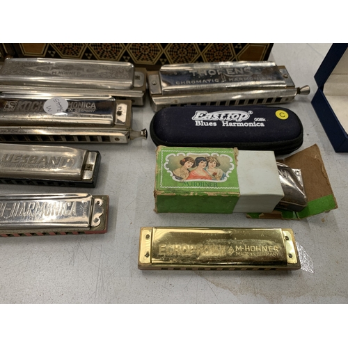 29 - ELEVEN HARMONICAS TO INCLUDE THE SUPER CHROMONICA, PARROT, BANDMASTER, BLUES BAND, ETC - MAINLY HOHN... 