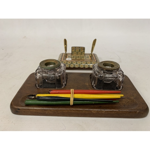31 - TWO DESK TIDIES TOINCLUDE ONE WITH TWO INKWELLS AND ONE WITH INLAID DESIGN