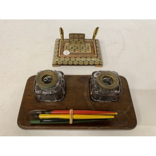 31 - TWO DESK TIDIES TOINCLUDE ONE WITH TWO INKWELLS AND ONE WITH INLAID DESIGN