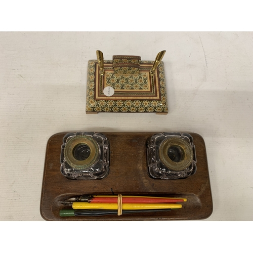 31 - TWO DESK TIDIES TOINCLUDE ONE WITH TWO INKWELLS AND ONE WITH INLAID DESIGN