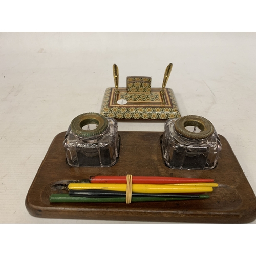 31 - TWO DESK TIDIES TOINCLUDE ONE WITH TWO INKWELLS AND ONE WITH INLAID DESIGN