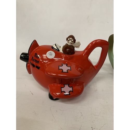 40 - THREE VINTAGE CARLTON WARE AEROPLANE TEAPOTS TO INCLUDE THE LUCY MAY, RED BARON AND BLUE MAX
