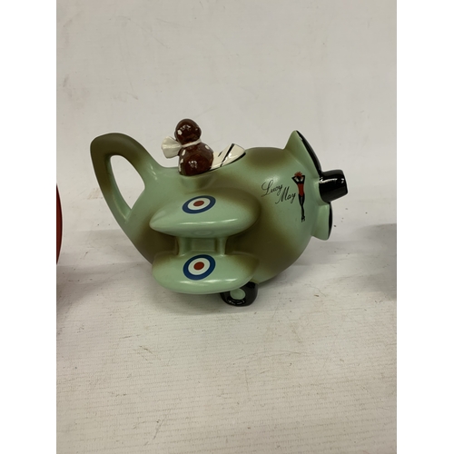 40 - THREE VINTAGE CARLTON WARE AEROPLANE TEAPOTS TO INCLUDE THE LUCY MAY, RED BARON AND BLUE MAX