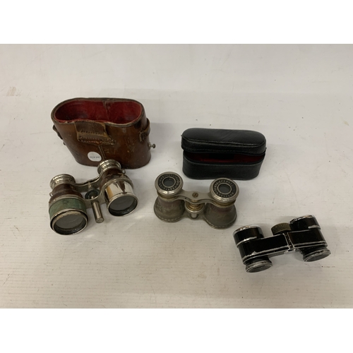50 - THREE PAIRS OF OPERA GLASSES TO INCLUDE, CHEVALIER, PARIS, ETC - TWO IN CASES