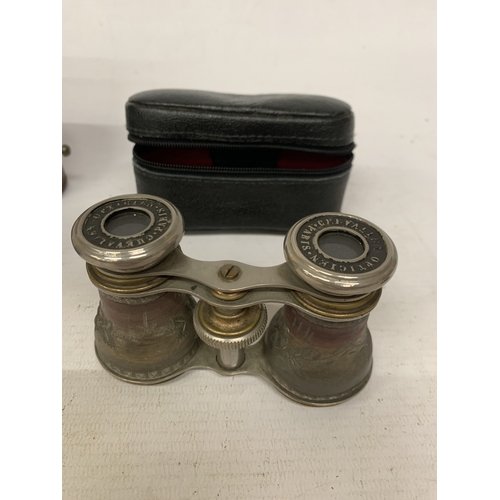50 - THREE PAIRS OF OPERA GLASSES TO INCLUDE, CHEVALIER, PARIS, ETC - TWO IN CASES