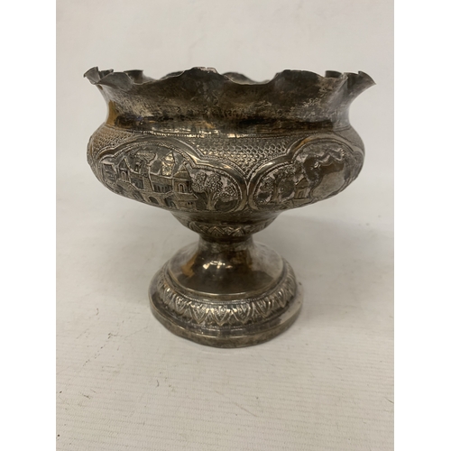 1 - A LARGE INDIAN 800 SILVER PEDESTAL BOWL WITH INTRICATE REPOUSSE DECORATION WEIGHTED BASE