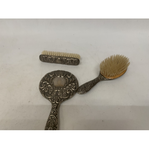 2 - A HALLMARKED BIRMINGHAM SILVER THREE PIECE BRUSH AND MIRROR SET