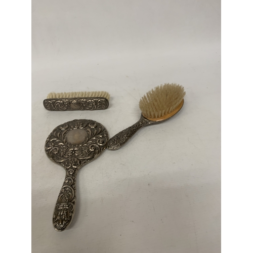 2 - A HALLMARKED BIRMINGHAM SILVER THREE PIECE BRUSH AND MIRROR SET