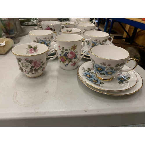153 - A LARGE ASSORTMENT OF CUPS AND SAUCERS TO INCLUDE ROYAL VALE, ROYAL STAFFORD ETC