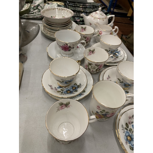 153 - A LARGE ASSORTMENT OF CUPS AND SAUCERS TO INCLUDE ROYAL VALE, ROYAL STAFFORD ETC