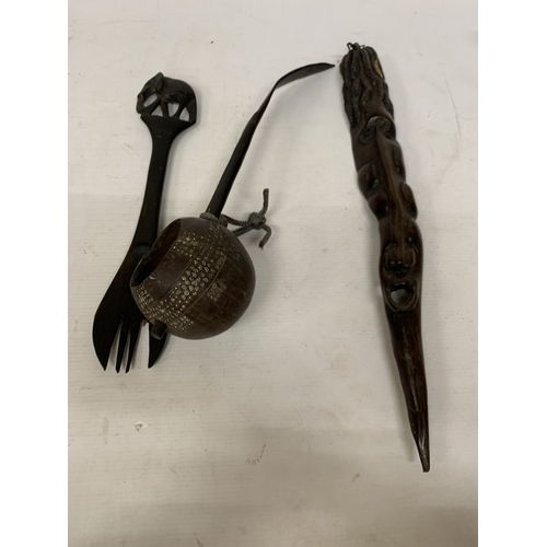 158 - A WOODEN ZULU LADEL TOGETHER WITH A CARVED WOODEN CEREMONIAL STICK