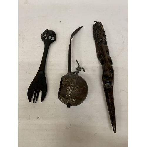 158 - A WOODEN ZULU LADEL TOGETHER WITH A CARVED WOODEN CEREMONIAL STICK