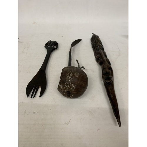 158 - A WOODEN ZULU LADEL TOGETHER WITH A CARVED WOODEN CEREMONIAL STICK