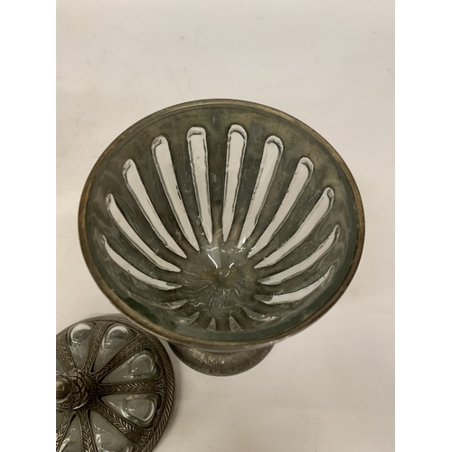 33 - A DECORATIVE LIDDED URN WITH BUBBLE GLASS, PINEAPPLE SHAPED FINIAL ENCASED IN PEWTER - APPROX 32.5 C... 
