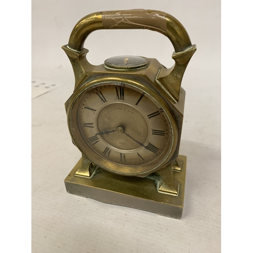 38 - A FRENCH JACKMAN & SON BRASS CARRIAGE CLOCK WITH AN INTEGRATED TOP-MOUNTED COMPASS AND CARRY HANDLE