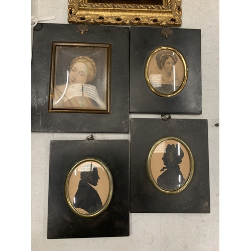 39 - A COLLECTION OF MINIATURE PORTRAITS TO INCLUDE VICTORIAN SILHOUETTE'S, ITALIAN RENAISSANCE, ETC.,