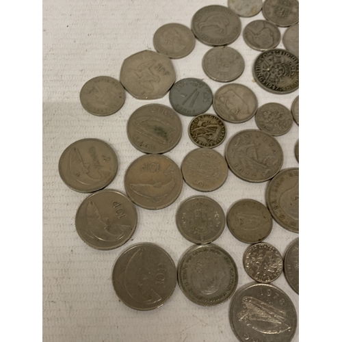 53 - A BAG OF WORLD COINS, USA QUARTER DOLLARS, NEW ZEALAND ONE FLORINS, ETC.,