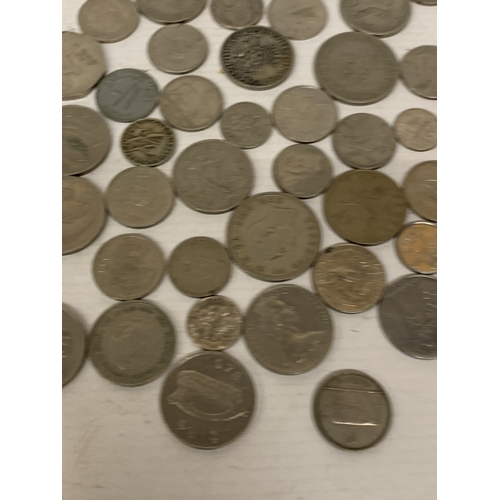 53 - A BAG OF WORLD COINS, USA QUARTER DOLLARS, NEW ZEALAND ONE FLORINS, ETC.,