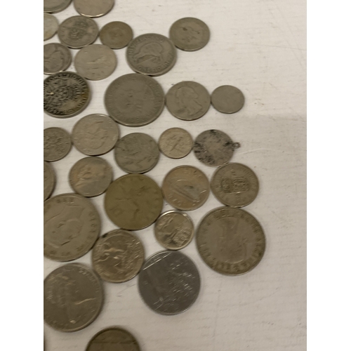 53 - A BAG OF WORLD COINS, USA QUARTER DOLLARS, NEW ZEALAND ONE FLORINS, ETC.,