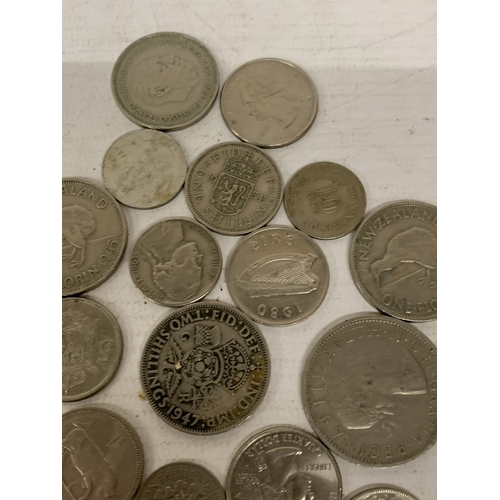 53 - A BAG OF WORLD COINS, USA QUARTER DOLLARS, NEW ZEALAND ONE FLORINS, ETC.,