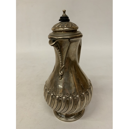 1 - A LATE 19TH CENTURY HALLMARKED LONDON SILVER COFFEEPOT WITH A PYRIFORM BODY WITH LOBED FLUTING TO TH... 