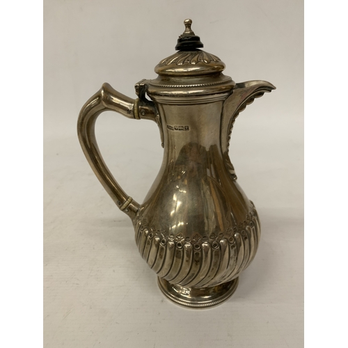 1 - A LATE 19TH CENTURY HALLMARKED LONDON SILVER COFFEEPOT WITH A PYRIFORM BODY WITH LOBED FLUTING TO TH... 