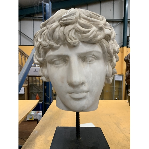 10 - A PLASTER REPRODUCTION BUST OF THE ROMAN-ERA SCULPTURE OF ANTINOUS - APPROX 47 CM