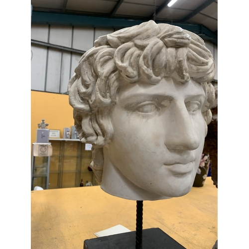 10 - A PLASTER REPRODUCTION BUST OF THE ROMAN-ERA SCULPTURE OF ANTINOUS - APPROX 47 CM
