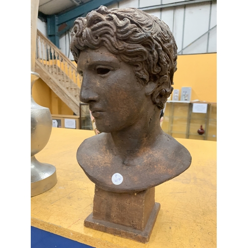 13 - A STONE BUST WITH A BRONZED FINISH INSPIRED BY THE BENEVENTO HEAD ALSO KNOWN AS THE HEAD OF A VICTOR... 