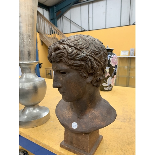 13 - A STONE BUST WITH A BRONZED FINISH INSPIRED BY THE BENEVENTO HEAD ALSO KNOWN AS THE HEAD OF A VICTOR... 