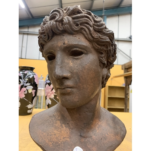 13 - A STONE BUST WITH A BRONZED FINISH INSPIRED BY THE BENEVENTO HEAD ALSO KNOWN AS THE HEAD OF A VICTOR... 