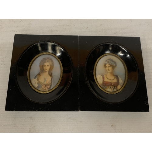 14 - TWO MINIATURE HAND PAINTED CEARAMIC PORTRAITS IN WOODEN FRAMES