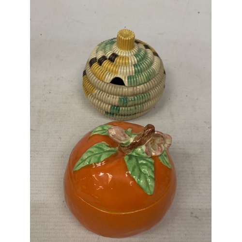15 - TWO CLARICE CLIFF PRESERVE POTS TO INCLUDE BIZARRE RAFFIA INDIANA FROM THE 1930'S AND FANTASQUE ORAN... 