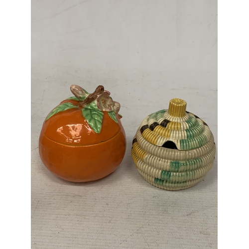 15 - TWO CLARICE CLIFF PRESERVE POTS TO INCLUDE BIZARRE RAFFIA INDIANA FROM THE 1930'S AND FANTASQUE ORAN... 