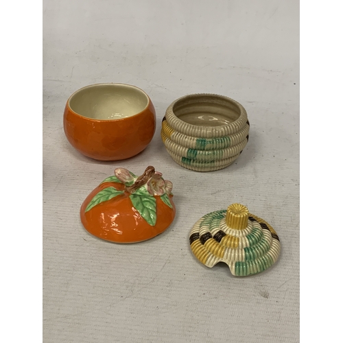 15 - TWO CLARICE CLIFF PRESERVE POTS TO INCLUDE BIZARRE RAFFIA INDIANA FROM THE 1930'S AND FANTASQUE ORAN... 