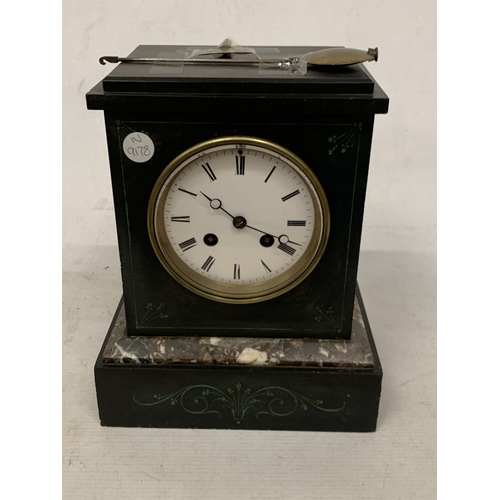27 - A VINTAGE FRENCH SLATE MANTLE CLOCK WITH PENDULUM AND KEY