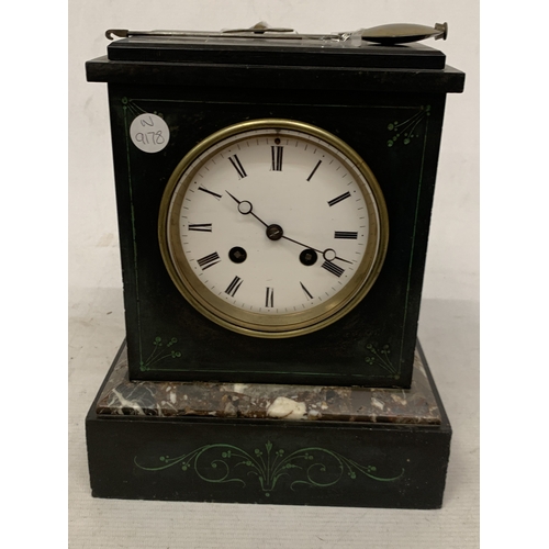 27 - A VINTAGE FRENCH SLATE MANTLE CLOCK WITH PENDULUM AND KEY