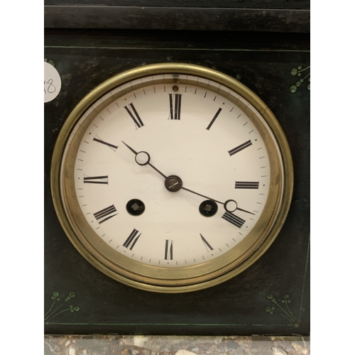 27 - A VINTAGE FRENCH SLATE MANTLE CLOCK WITH PENDULUM AND KEY