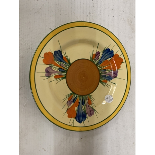 28 - TWO CLARICE CLIFF BIZARRE CROCUS PATTERN PLATES, DIAMETER 22.5CM