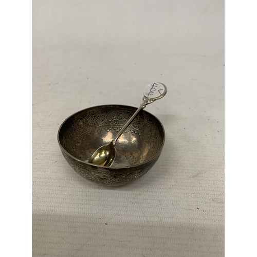 4 - A BELIEVED TO BE SILVER ASIAN BOWL PLUS A HALLMARKED BIRMINGHAM SILVER WALKER AND HALL SPOON, TOTAL ... 